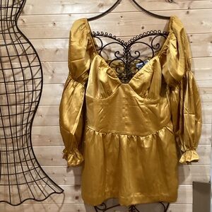 Gold Satin Puff Sleeve Dress